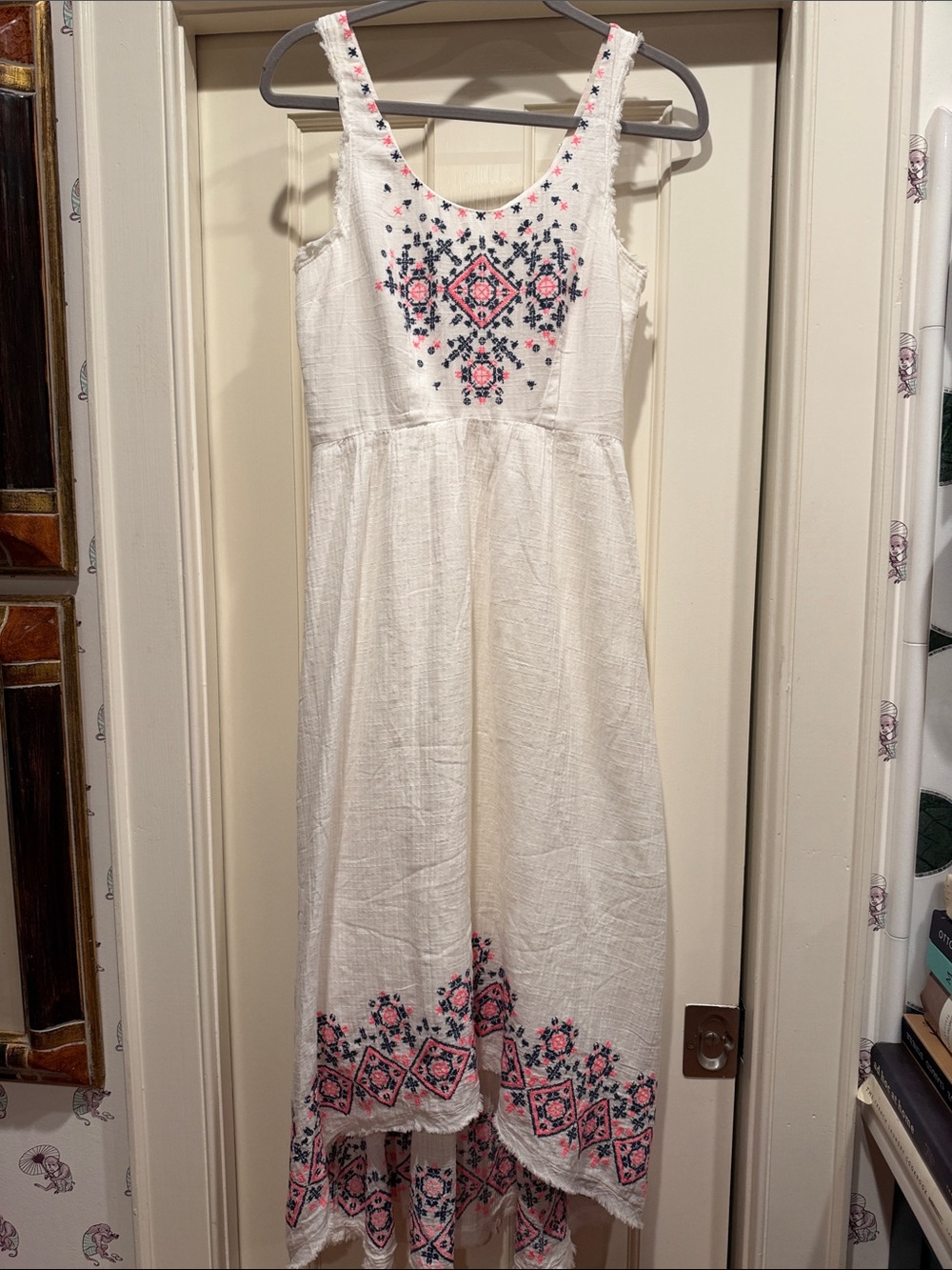 Holding Horses White Embroidered High-Low Dress with Pink & Navy Accents